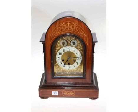19th Century inlaid mahogany domed mantel clock with brass and enamel dial