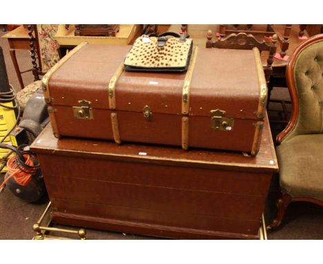 Large painted trunk, vintage canvas bound trunk and leather and skin handbag (3)