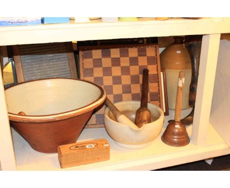 Large crock, pestle and mortar, stoneware bottle, chess and wash boards, pictures, dominoes, shoe last, mirror etc