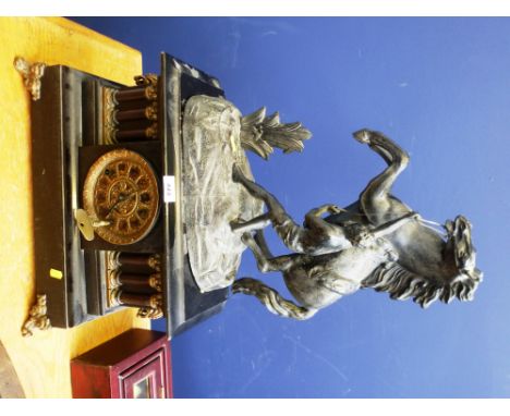 2 HOLE MANTLE CLOCK WITH MAN AND HORSE FIGURE 69CMX 46CM X 20CM