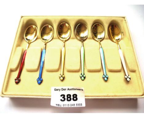 SET OF 6 NORWEGIAN SILVER AND ENAMEL TEASPOONS W:1.1 OZT