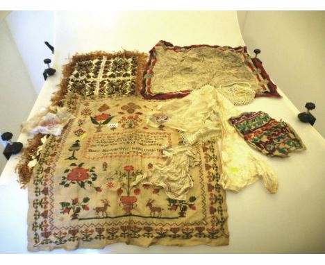 1837 SAMPLER, DOILIES, PURSE, CLOTHS ETC