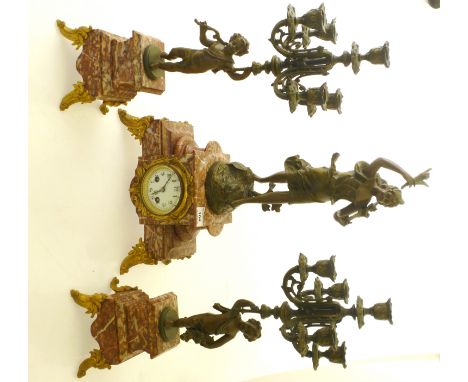 Mantle Clock with Two Matching Candlesticks.  Floraison Signed Ruchot.