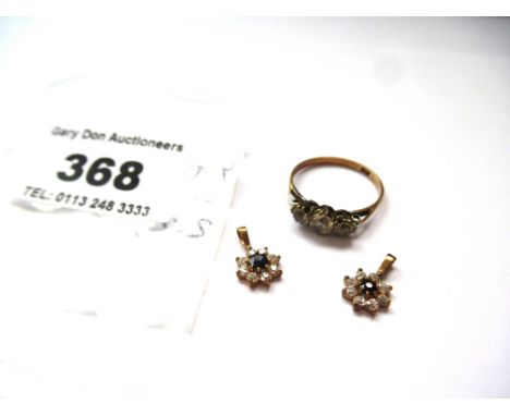 9K GOLD AND WHITE STONE RING SIZE M1/2 AND PAIR OF 9K GOLD EARRINGS WITH WHITE AND BLACK STONES TOTAL W: 2.2G