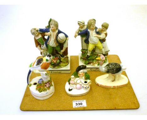 2 STAFFORDSHIRE FIGURES, 1 SCUFFLE AND 1 CONTEST FIGURE AND A CARLTONWARE GUINNESS OSTRICH FIGURE2 STAFFORDSHIRE FIGURES, 1 S