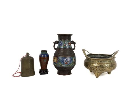 A COLLECTION OF ORIENTAL METALWARE  A larger brass Chinese Censer on tripod feet, engraved with a dragon and bird, base mark 