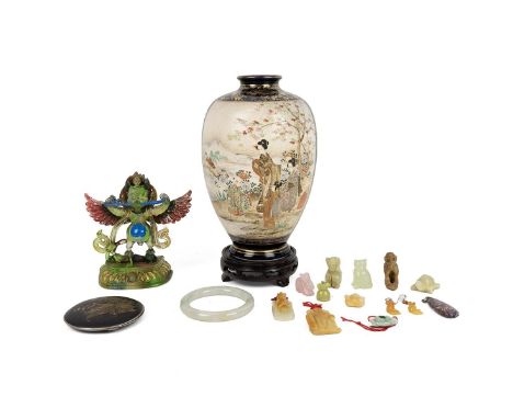 A COLLECTION OF ORIENTAL ITEMS  The Satsuma vase on wooden stand, decorated with a ladies outing in two panels, on ground of 
