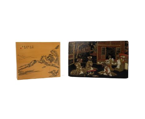 A JAPANESE MEIJI LACQUER BOX AND A&nbsp;20th CENTURY CHINESE BAMBOO BOX  The Japanese example on a black ground and painted w