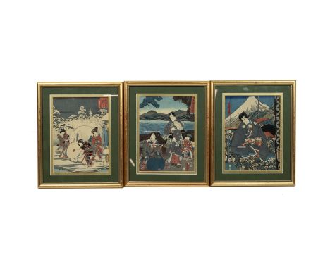 THREE JAPANESE UKIYEO PICTURES, TAISHO/SHOWA PERIOD, 20th CENTURY  Woodblock prints,, the first an actor dressed as a traditi