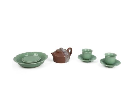 A FINE CHINESE MODERN DESIGNED TEA SET  To include a Yixing Zisha teapot, widest 14cm; two sets of Longquan Kiln celadon teac