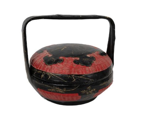VINTAGE CHINESE BAMBOO WOVEN BASKET  Red and black lacquered finish with painted gold decoration, 20th century. Diameter 36cm