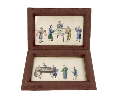 PAIR OF FRAMED CHINESE RICE PAPER PAINTINGS, 19TH CENTURY  One image depicts a pair of gentlemen playing Chinese Checkers ove