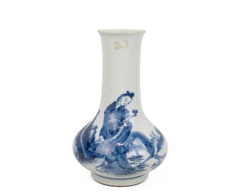 A CHINESE BLUE AND WHITE VASE, 20th CENTURY  Of squatted body and long neck, with slightly everted mouth and supported with a