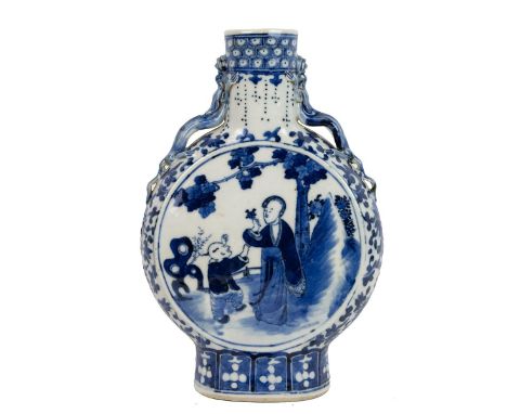 A CHINESE BLUE AND WHITE MOONFLASK VASE, 19TH CENTURY  In the shape of the archaic bronze 'Hu', depicting a mother and son in