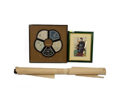 COLLECTION OF THREE CHINESE ITEMS  A vintage scroll print on paper of a painting by Shin Lo Shan Rem Hua Yuan (1682-1756), le
