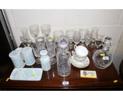 A quantity of various glass and china to include decanters ans stoppers; two Coalport "Somerset" patterned tea cups and sauce
