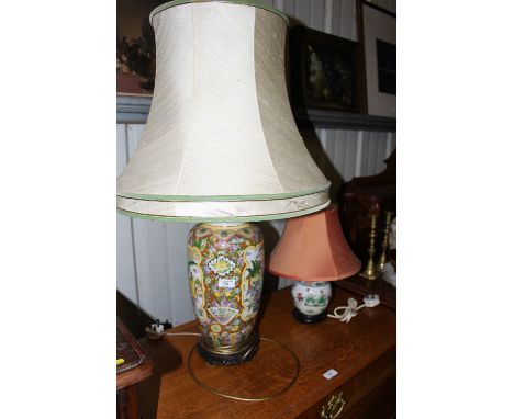 A modern Chinese adapted table lamp and shade and an adapted Chinese ginger jar; table lamps and shade