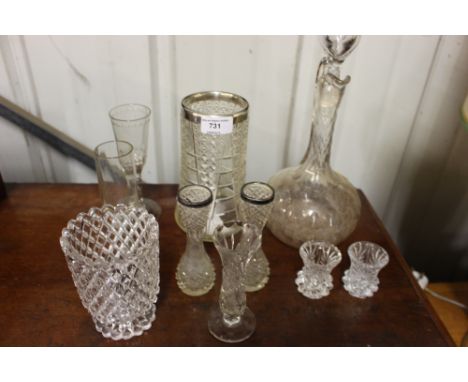 A silver mounted and cut glass vase; a glass decanter and stopper and various other glassware