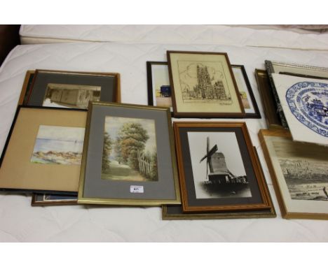 An embroidery of Ely Cathedral; an English School watercolour study depicting Church Land, Haddenham; photographic print of S