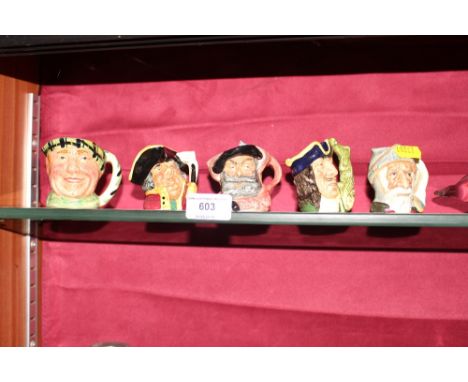 Four Royal Doulton miniature character jugs, "Don Quixote", "Captain Hook", "Falstaff", "Town Crier"; and a miniature Lancast