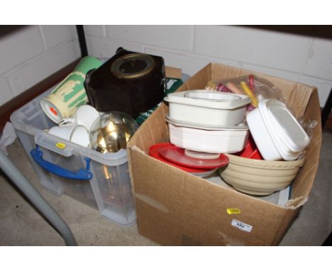 Two boxes of various sundries to include kitchenalia; a mantel clock etc.