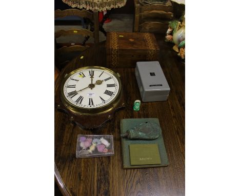 A Victorian walnut and inlaid sewing box; a 19th Century shot flask AF; a brass cased wall clock etc.
