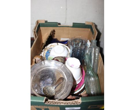 A box containing a caddy spoon; various china; glass bottles; ornaments etc.