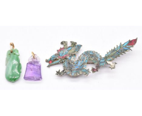 Chinese 19thC brooch set with kingfisher wing, a carved jade pendant and amethyst seal