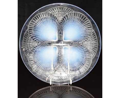 Lalique Coquilles opalescent glass dish decorated with shells, impressed to base 'R Lalique', 23.5cm in diameter