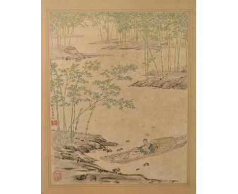 Foi Chong-Wu woodblock print 'Hermit of Bamboo Stream' with details verso, 34 x 27cm