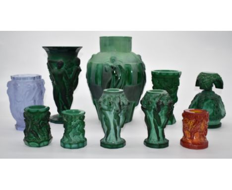 A collection of jade malachite style pressed glass including Czech putti/cherub vase designed by Frantiek Pazourek for Curt S