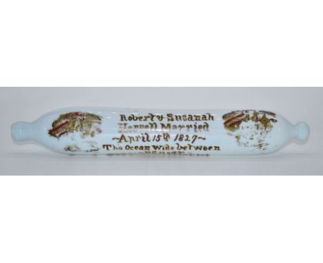 Georgian glass rolling pin with sailing ship decoration and script 'Robert and Susannah Heffell married April 15th 1827' and 