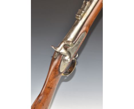 Enfield .577 pattern three band 16 bore percussion hammer action gun with lock stamped with crown over 'VR' cypher and '1864 