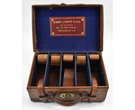 Army &amp; Navy leather and brass bound shotgun cartridge carry case with 'Army &amp; Navy CSL Gun Department 105 Victoria St