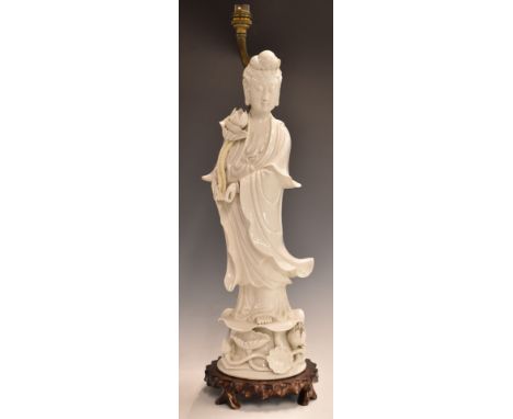 Chinese&nbsp;19thC blanc de chine figure of Guanyin, converted to a lamp, on carved wooden base, 63cm tall