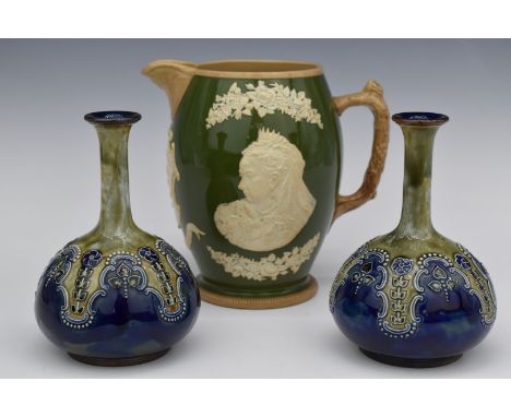 A pair of Royal Doulton pedestal vases and Copeland late Spode Queen Victoria commemorative jug, tallest 19cm