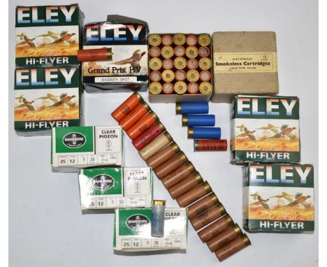 Over 200 12 bore shotgun cartridges including Eley-Kynoch War-Time Issue, Gamebore Clear Pigeon, Eley High-Flyer etc, most in