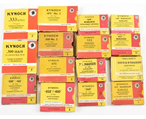 Fifteen collectable vintage rifle cartridge boxes, Kynoch and Holland's including .240, .333, .244, .450, .475 etc.&nbsp;