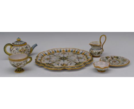 French Quimper style bachelor's tea set on crimped circular tray