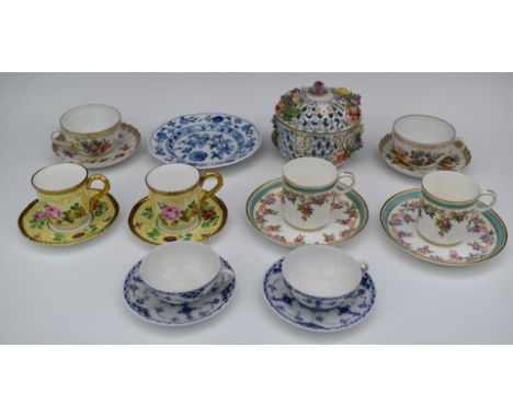 A collection of porcelain cabinet cups and saucers and pot pourri including Dresden, Copenhagen, Meissen etc