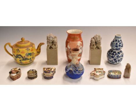 Twelve Chinese and Japanese items including cloisonné boxes, 19th/20thC double gourd vase, soapstone scroll weights, seal etc