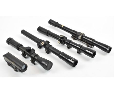 Five various rifle scopes comprising three 4x20 BSA, Kassnar and one other, Bisley 4x15 and Crosman Copperhead red dot.&nbsp;