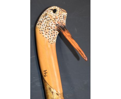 Ian James carved and painted wooden walking stick with handle in the form of a woodcock, L133cm