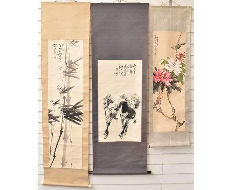 Eleven Chinese 19th/20thC scroll paintings, largest 152 x 50cm