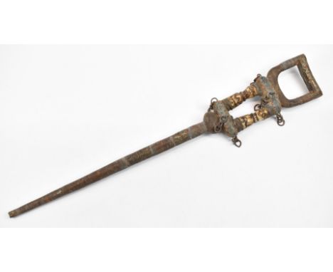 Tribal wire bound and bone handled carved wooden walking or king stick, 103cm long.&nbsp;