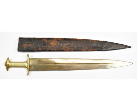 Continental brass handled short sword with broad double edged 50cm central fullered blade and scabbard.&nbsp;PLEASE NOTE ALL 