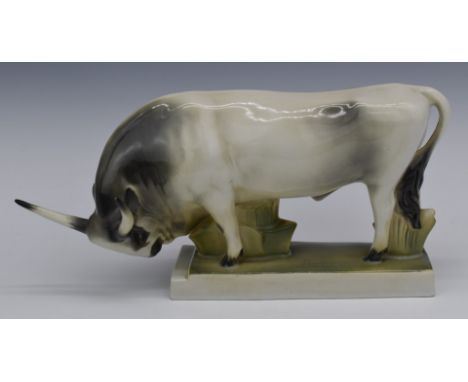 Zsolnay Pecs bull with incised signature to base, W32 x H17cm