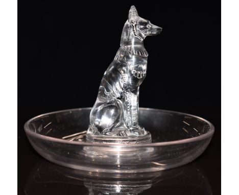 Lalique Chien pin dish featuring an Art Deco style seated German Shepherd or similar dog to the centre, signed 'R Lalique Fra