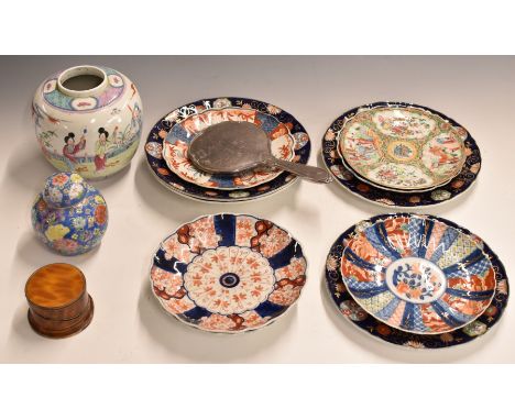 Twelve pieces of Chinese, Japanese and similar ceramics including late 19th/ early 20thC ginger jar decorated with figural sc
