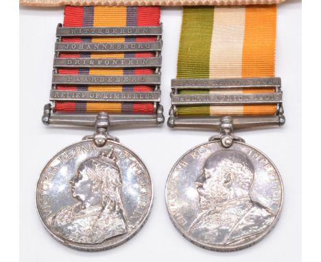 British Army Boer War medal pair comprising Queen's South Africa Medal with clasps for Relief of Kimberley, Paardeberg, Drief